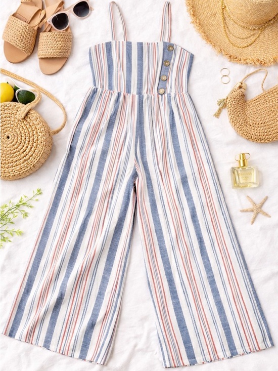 Chances R Pants - CHANCES R Striped Wide Leg Romper Overalls Linen Feel SzL Spring Summer Stretch